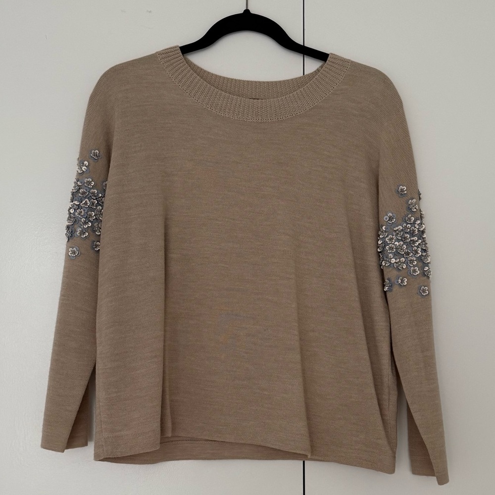 J. Crew Sequin Floral Embellished Sweater, Tan, Women’s Size Small